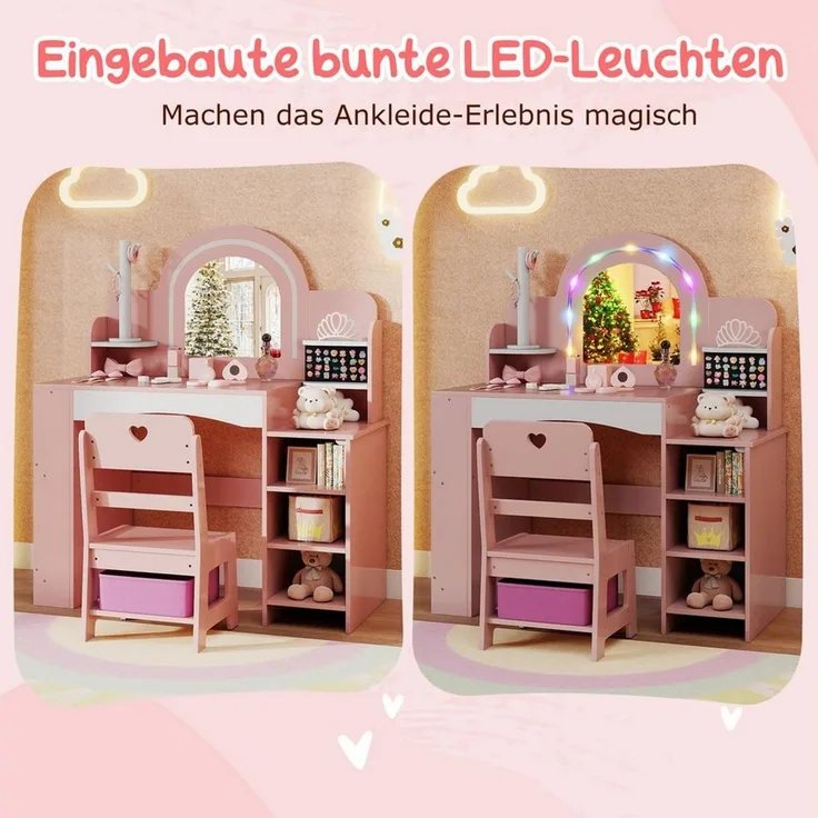 COSTWAY Schminktisch, Kinderfrisiertisch mit Stuhl, Spiegel, Beleuchtung