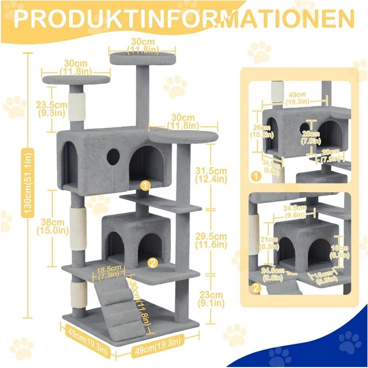 FIVMEN Kratzbaum Grosse 130cm mit Sisal-Seil, 2 Katzenhäusern Plattformen & Höhle, Katzenmöbel Katzenspielzeug für Katzen Beige Dunkelgrau Grau – Bild 2
