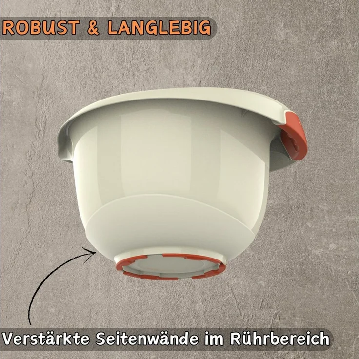 Engelland Rührschüssel 3er Set Backschüsseln mit Griff, Salatschüsseln, Kunststoff, (Vorteils-Set, 3-tlg), robust, BPA-frei, stapelbar, rutschfeste Silikonfüße, Einhandausguss – Bild 3