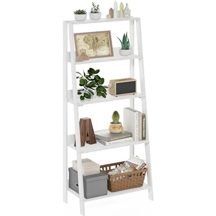 Furinno Ladder Bücherregal, 5-stufiges Leiterregal, Bücherregal, Ausstellungs-Aufbewahrungsregale, 13 x 23.6 x 53.5, für Wohnzimmer, Homeoffice, Reinweiß