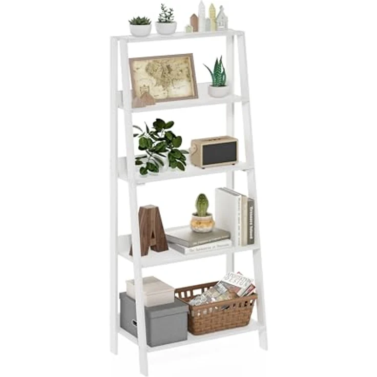 Furinno Ladder Bücherregal, 5-stufiges Leiterregal, Bücherregal, Ausstellungs-Aufbewahrungsregale, 13 x 23.6 x 53.5, für Wohnzimmer, Homeoffice, Reinweiß – Bild 1