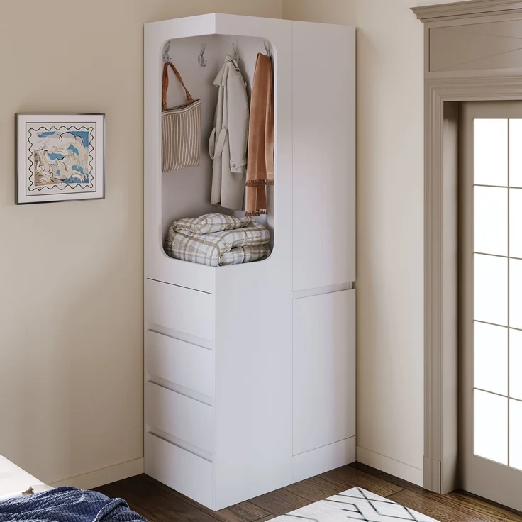 CHICFURN Kleiderschrank 70x170x40 cm Weiß mit 4 Schubladen und offenem Kleiderfach – Bild 2