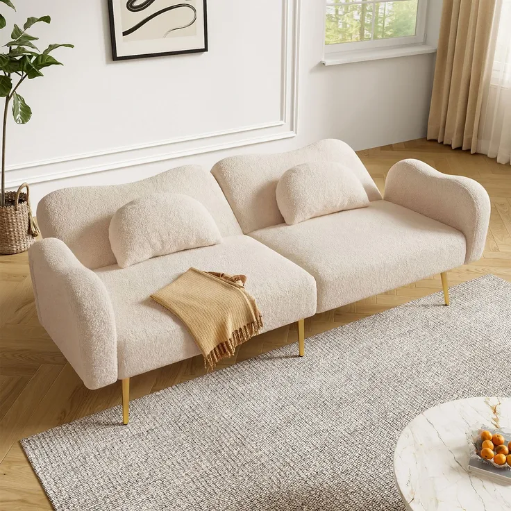 Wohnora-[Schlaffunktion]Zweisitzer-Sofabett - Modernes Zweisitzersofa mit verstellbarer Rückenlehne + vergoldeten Metallfüßen, integrierter Bettfunktion Multifunktionales 2-in-1-Möbelstück,H 82cm x T 175cm x B 79cm,Beige+Natur