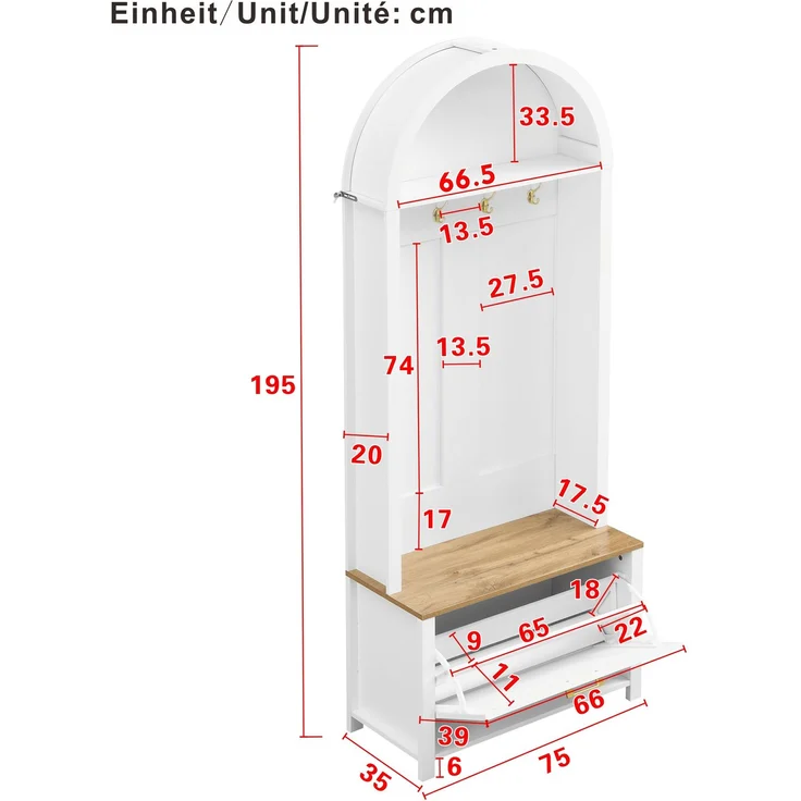 Garderobenschrank aus MDF mit Schuhfach, Ablage & Haken, 75x35x195 cm, Holzfarben/Weiß – Bild 3