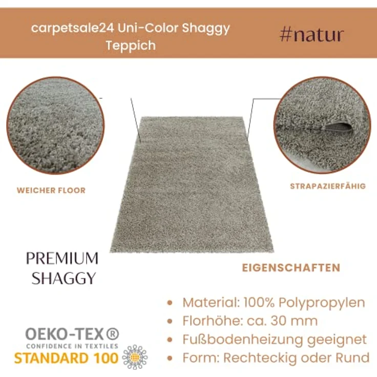 Carpetsale24 Shaggy Hochflor Teppich 60x110 cm Natur weich flauschig modern einfarbig Für Flur oder kleine Räume für Wohnzimmer Schlafzimmer Flur – Bild 3