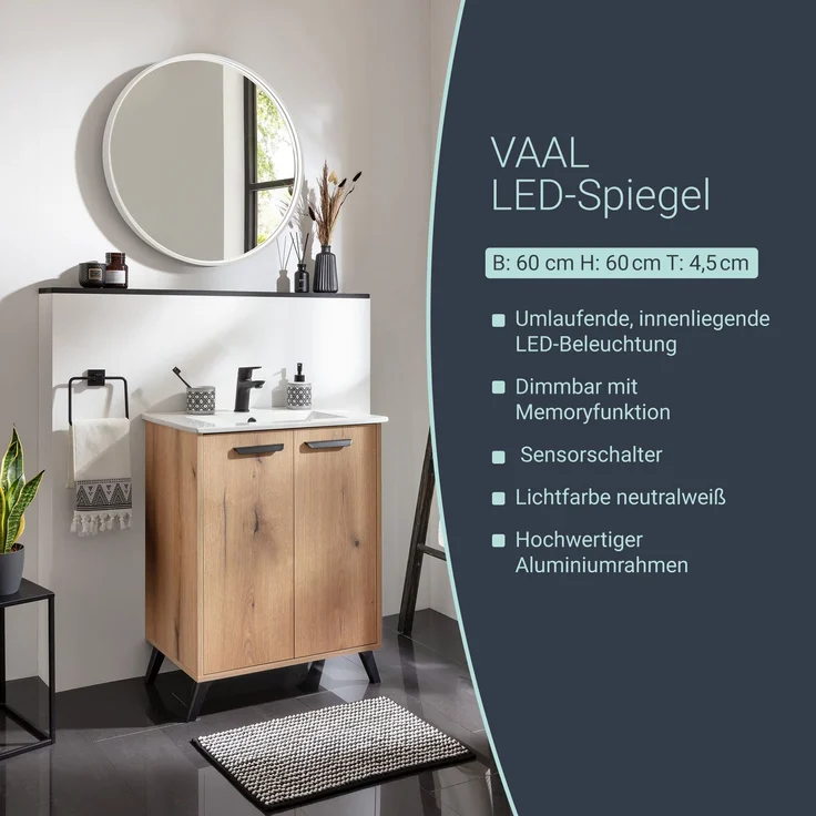 BADEDU VAAL LED Spiegel Ø 60 cm, rund, Weiß, Sensor – Bild 2