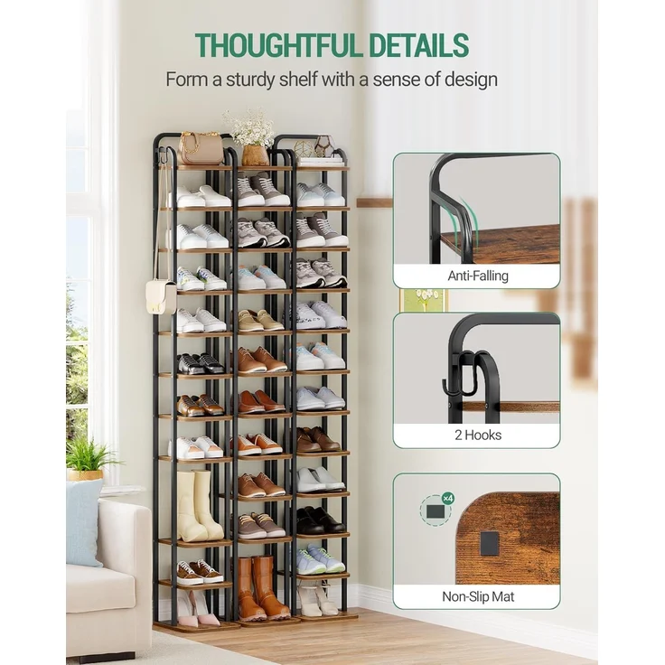 Vertikales Schuhregal, 12-Stockige Schuhregale, Schuhturm für kleine Räume, Freistehend, Verstellbar, Platzsparend, Braun und Schwarz – Bild 3