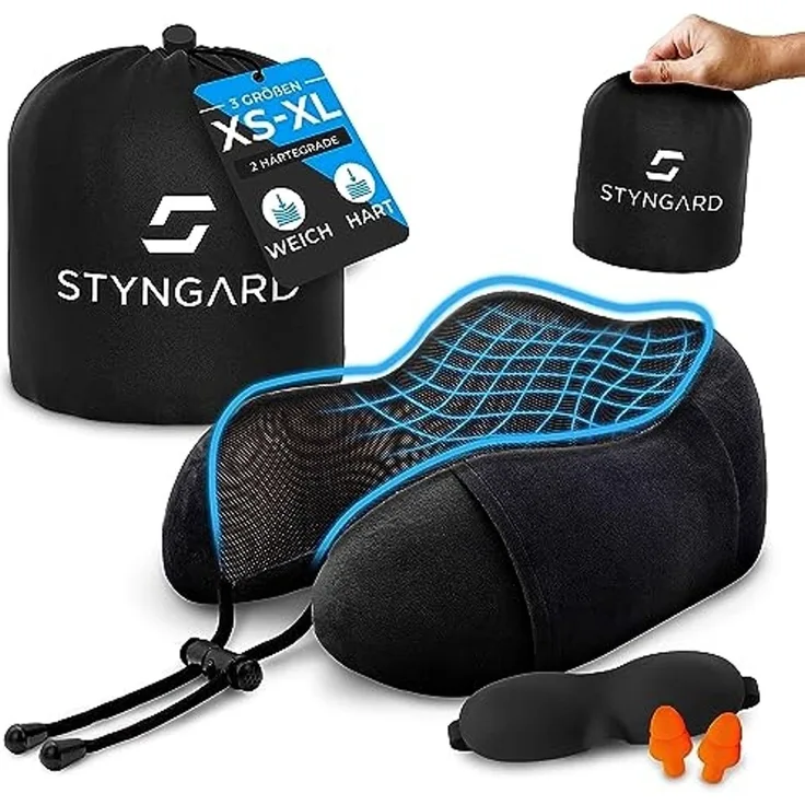 Styngard Nackenkissen Reisekissen, aus Memory-Foam inkl. Schlafmaske und Ohrstöpsel