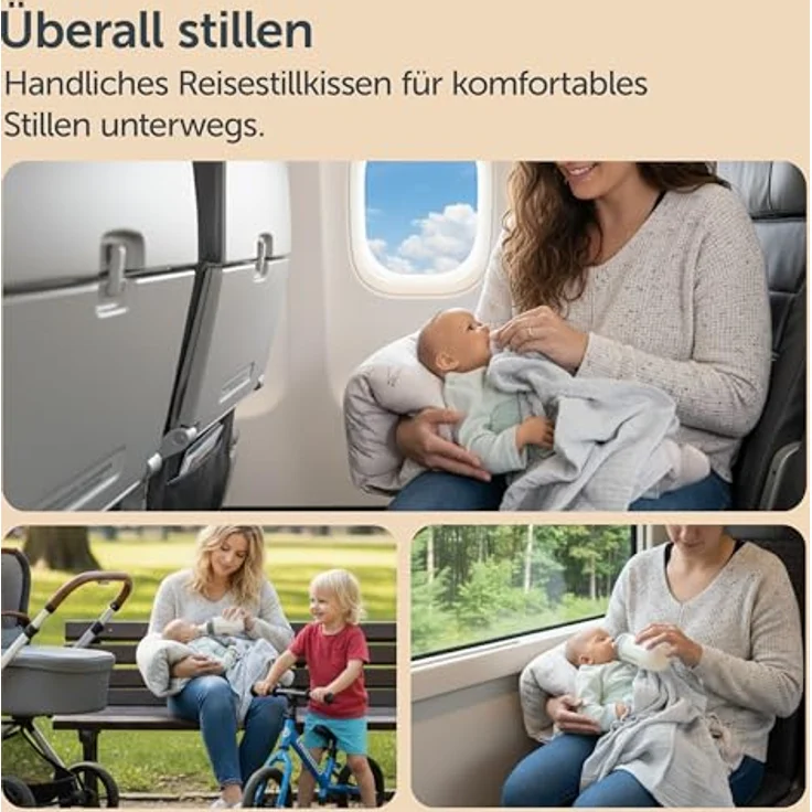 LaLoona Reisestillkissen, 2in1 Stillmuff und Komfortkissen für Unterwegs, Giraffen - Taupe, kompakt und waschbar – Bild 2