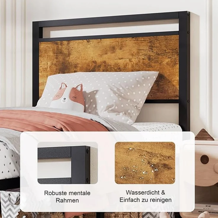 Doppelbett aus Stahl mit MDF-Kopfteil, ohne Matratze, 140x200 cm, Braun/Walnuss – Bild 3