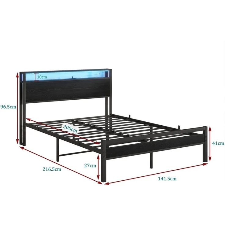 Homerecommend Metallbett 140x200 cm, Doppelbett und Jugendbett, mit LED-Beleuchtung, Steckdose und 2 USB-Anschlüssen, Vintage Schwarz – Bild 2