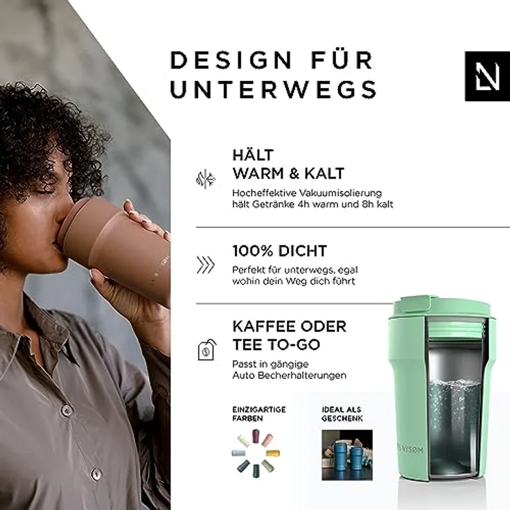 LARS NYSØM Thermo Kaffeebecher to go 380ml | Travel Mug mit Vakuumisolierung, auslaufsicherer Edelstahl Thermobecher für Kaffee und Tee unterwegs | Teebecher (Mint Green, 380ml) – Bild 2
