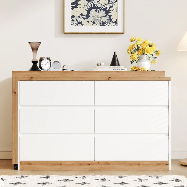ZUBALIYA Schreibtisch mit feststellbaren Rollen – multifunktionales Design, 4 cm dickere, drehbare Tischplatte, fest arretierbar, weiß/Eiche, Faltbarer Schreibtisch, Eckschreibtisch, Sideboard,Dicke Materialie – Modell N880P4642189O – Bild 5