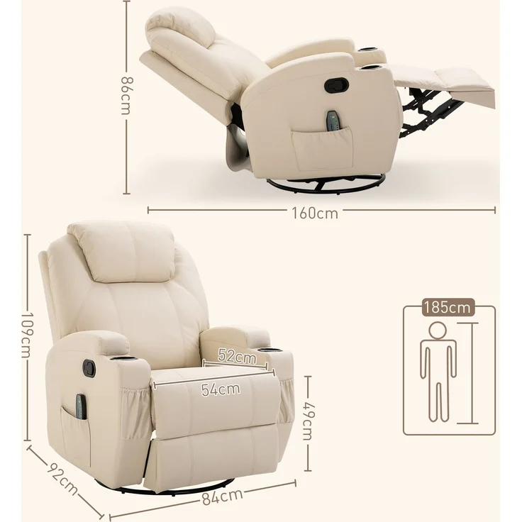 Wohnora-Relaxsessel Massagesessel Fernsehsessel mit Liegefunktion Vibration Fußteil Seitentasche, TV Sessel Liegesessel Ruhesessel für Wohnzimmer, Cremeweiß,H 1090cm x T 840cm x B 920cm – Bild 4