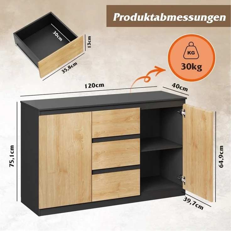 WLIVE Sideboard Kommode, Breite 80 cm, Sideboard mit 3 Schubladen & 1 Tür, (Packung, leise Schienen, viel Stauraum) – Bild 1