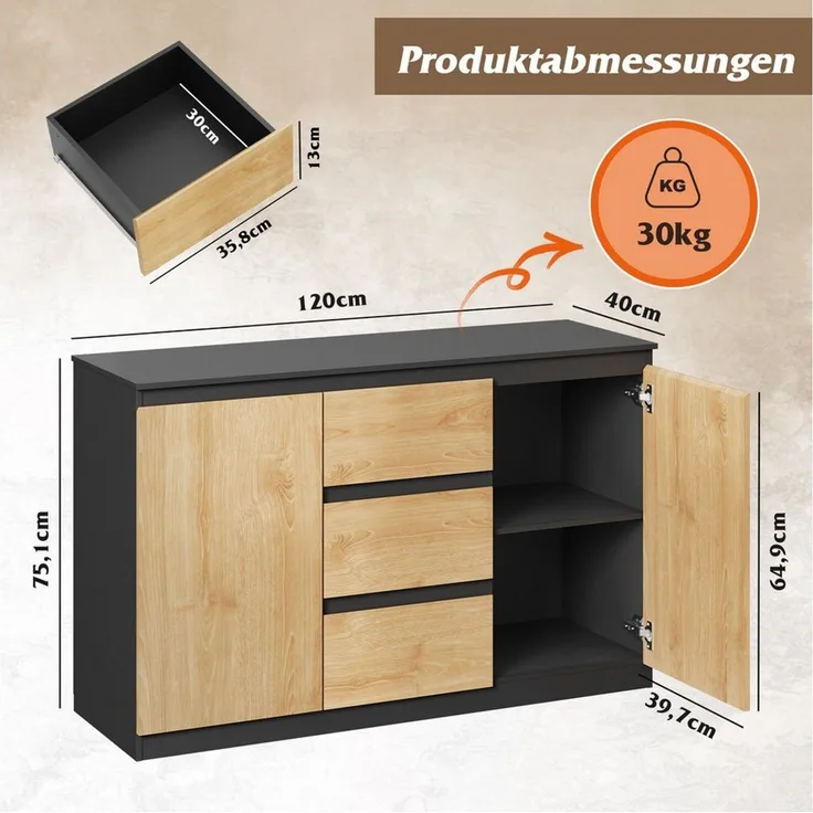 WLIVE Sideboard Kommode, Breite 80 cm, Sideboard mit 3 Schubladen & 1 Tür, (Packung, leise Schienen, viel Stauraum)
