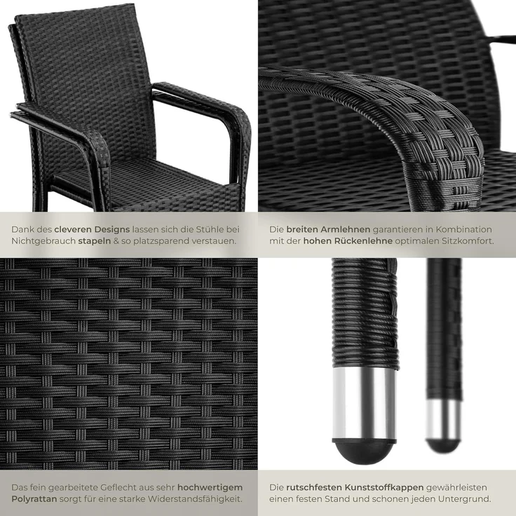 tectake Rattanstuhl Gartenstuhl Girona, stapelbar, Belastbarkeit 120 kg, 58 x 67 x 90 cm (Set, 4 St), Pulverbeschichtetes Stahlgestell für enorme Stabilität – Bild 5