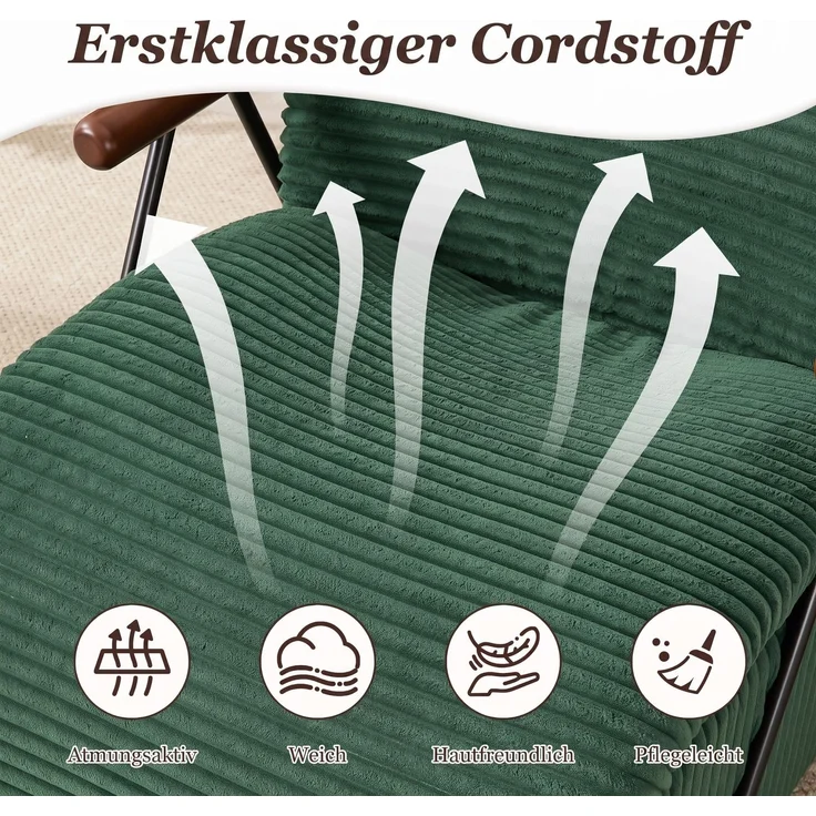 LVHOM Relaxsessel mit Lattenrost, ergonomischer Fernsehsessel, gepolsterter Loungesessel mit Armlehnen, XXL Lesesessel für Wohn- und Schlafzimmer, Cord Grün – Bild 4