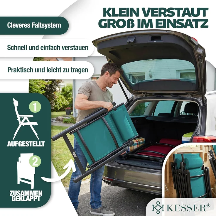 KESSER® Gartenstuhl Hochlehner mit Armlehnen | Aluminium Klappstuhl inkl. Kopfkissen Campingstuhl 7-Fach Verstellbar Rückenlehne | Atmungsaktiv & Wetterfest | Klappbar & Anti-Rutsch 1 Stück, Petrol Grün – Bild 9