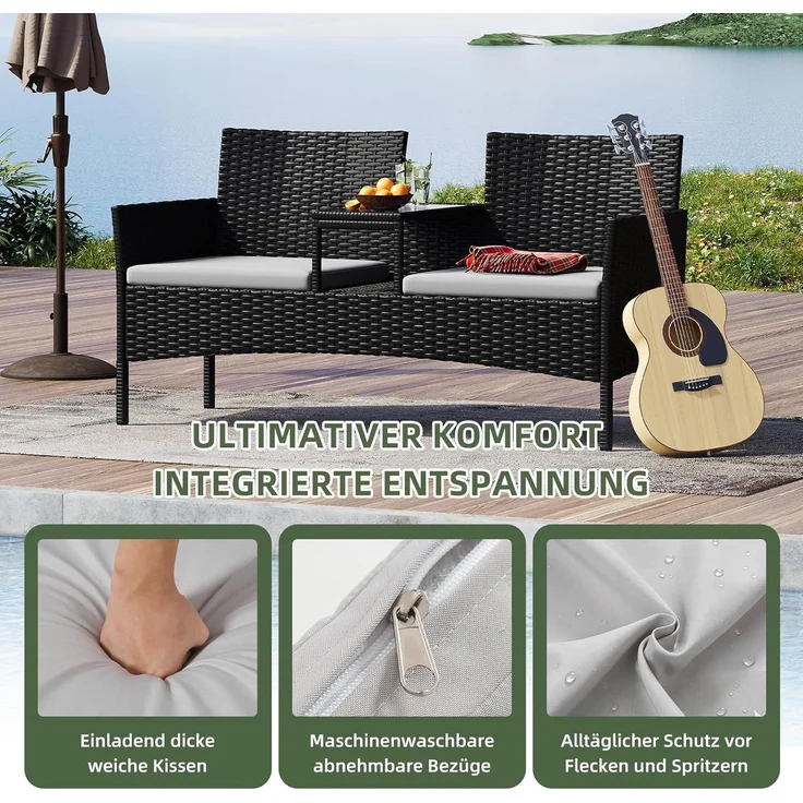 Aoxun 2-Sitzer-Gartenbank aus Rattan, extrabreite Outdoor-Zweisitzerbank mit seitlichem Ablagetisch 144x62x80cm, bequemes Terrassenmöbel-Set mit Kissen und Regenschutz für Garten, Balkon, Hellgrau – Bild 4