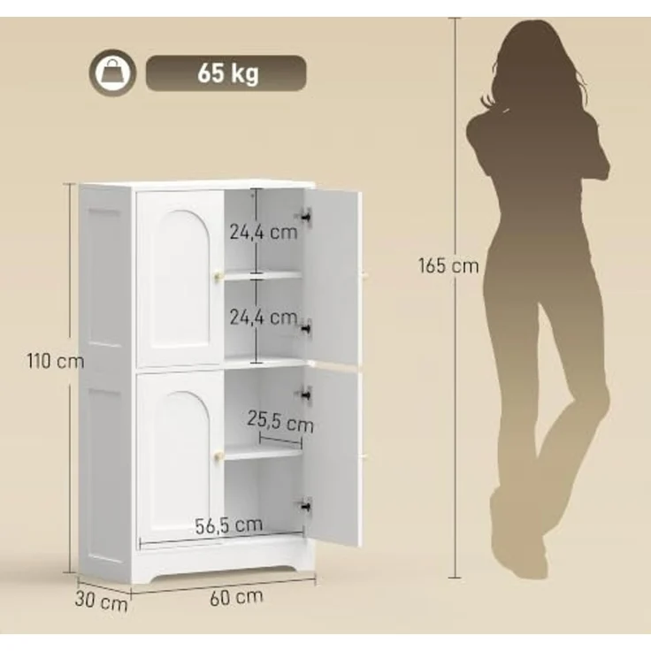 HOMCOM Mehrzweckschrank Küchenbuffet Buffetschrank verstellbare Böden gewölbte Türen (Hochschrank, 1-St, Küchenschrank) für Wohnzimmer, Weiß, 60 x 30 x 110 cm – Bild 3
