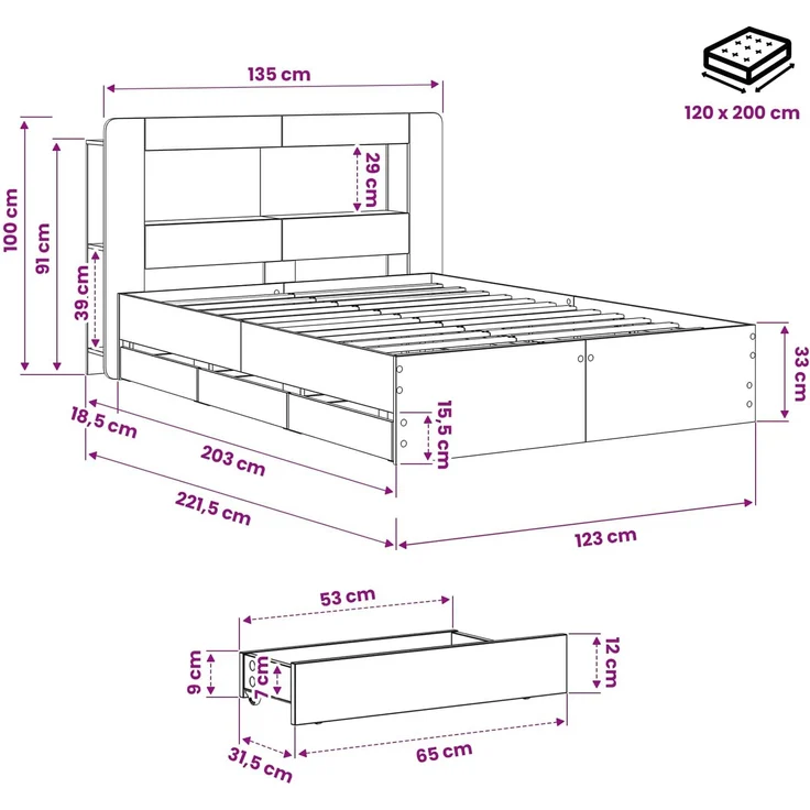 vidaXL Bettgestell mit Stauraum und Kopfteil Artisan-Eiche 3445801 – Bild 9