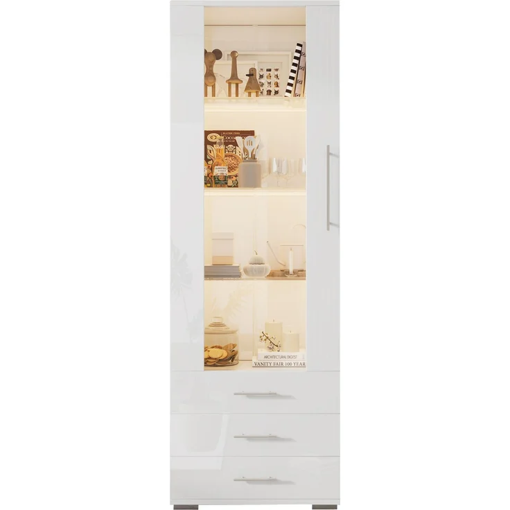 DESVIAE Vitrine aus MDF, Weiß, mit LED-Beleuchtung und 3 Schubladen, 60x180x35 cm – Bild 7