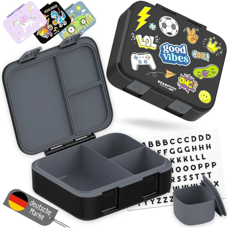 BEARFOOT Bento Box COMPACT Kinder Brotdose (Sticker-schwarz, 1.000 ml) | BPA-frei, auslaufsichere Lunchbox mit Fächern, für Schule & Kindergarten, für Mädchen & Jungen, leicht & kompakt