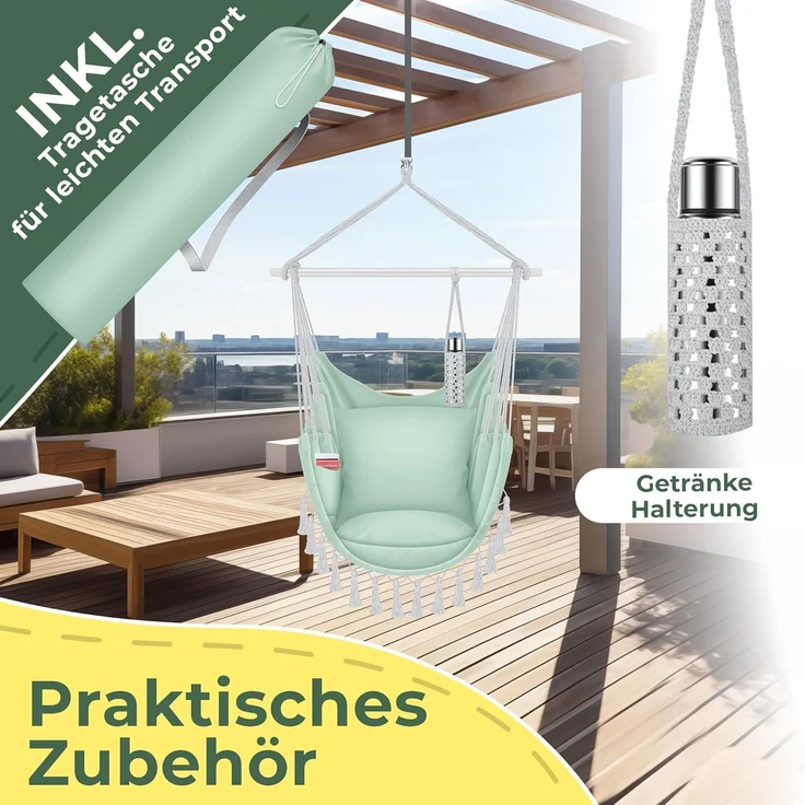 KESSER® Hängesessel mit 2 Kissen Getränkehalter & Bücherfach - Safari XXL Hängestuhl für Erwachsene & Kinder Hängematte bis 150 kg Hängesitz Aufhängung Indoor & Outdoor Wohn & Garten Terrasse Grün / Weiß – Bild 6