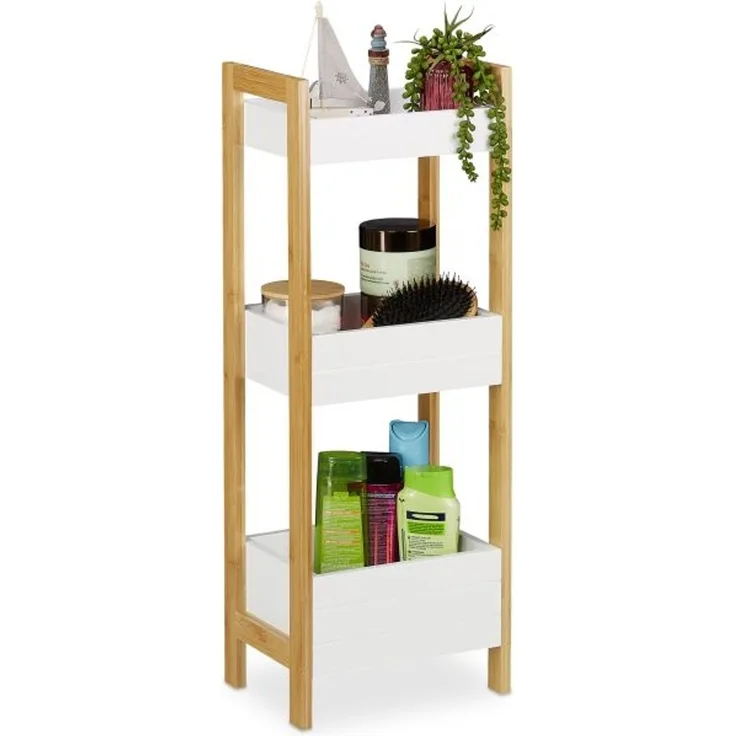 Relaxdays Badregal, freistehendes Standregal mit 3 Körben, Bambus und MDF, Natur/Weiß, 74,5 x 28 x 20 cm