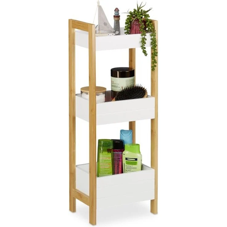 Relaxdays Badregal, freistehendes Standregal mit 3 Körben, Bambus und MDF, Natur/Weiß, 74,5 x 28 x 20 cm – Bild 1