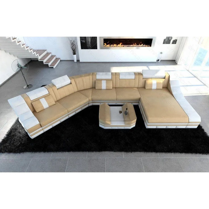 Mini Leder Wohnlandschaft Turino CL mit LED - Büffelleder - Sandbeige-Weiss - Rechts – Bild 4