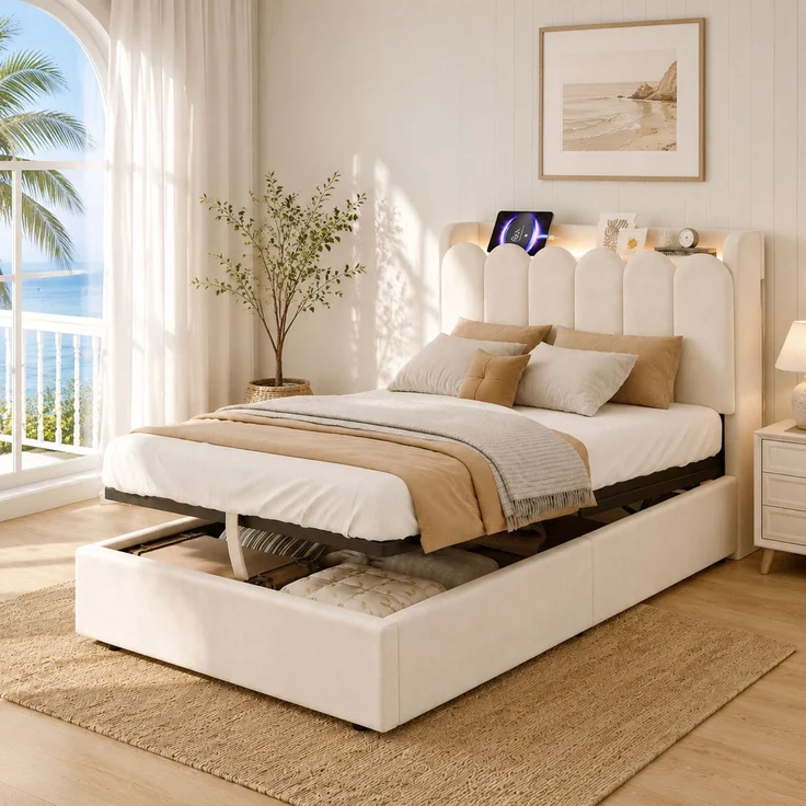 CHICFURN Polsterbett aus Samt, Beige, 90x200 cm, mit Stauraum und USB- und Type-C-Anschlüssen, mit Lattenrost – Bild 1
