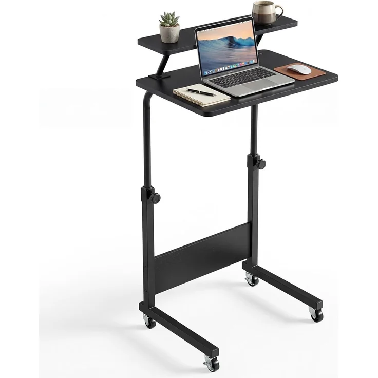 YITAHOME Beistelltisch Höhenverstellbar mit Rollen, Mobilfunk Laptoptisch, Tragbarer Home Office Schreibtisch mit Aufbewahrungsregal für Schlafzimmer, Stehpult Beistelltisch Rollen, Schwarz – Bild 1