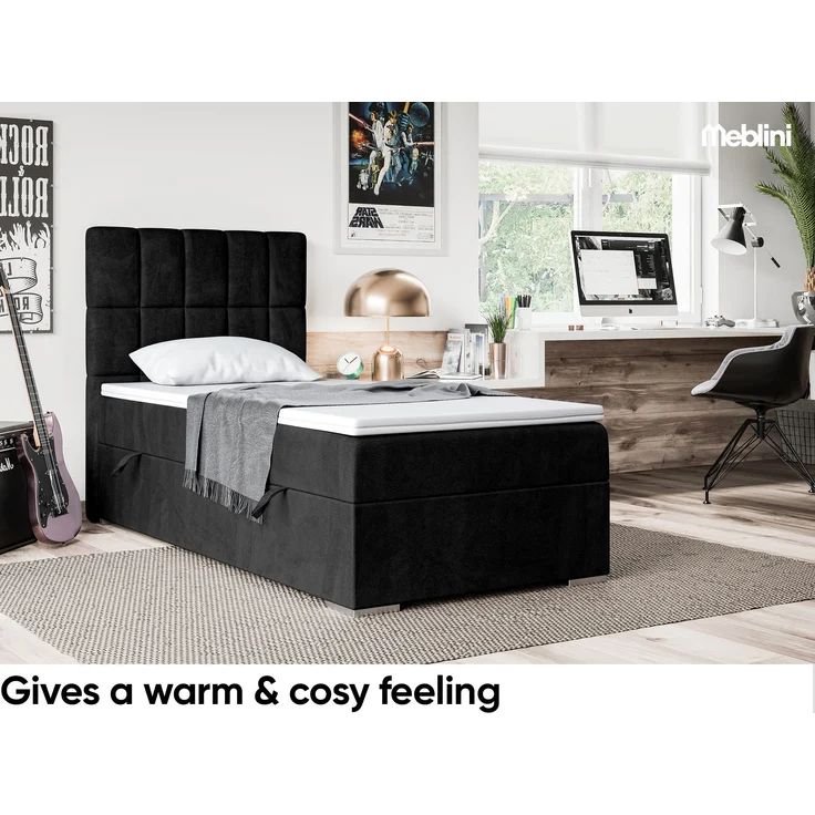 MEBLINI Boxspringbett LUKAS 100x200 cm mit Bettkasten - H4/Schwarz Samt Gepolstert Einzelbett mit Topper & Taschenfederkern-Matratze - 100x200 Links – Bild 2