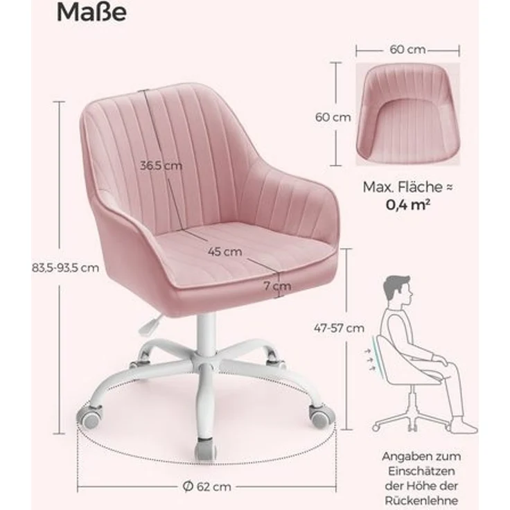 Songmics Bürostuhl höhenverstellbar, Samtbezug pastellrosa, 64 x 62 x (80-90) cm – Bild 5