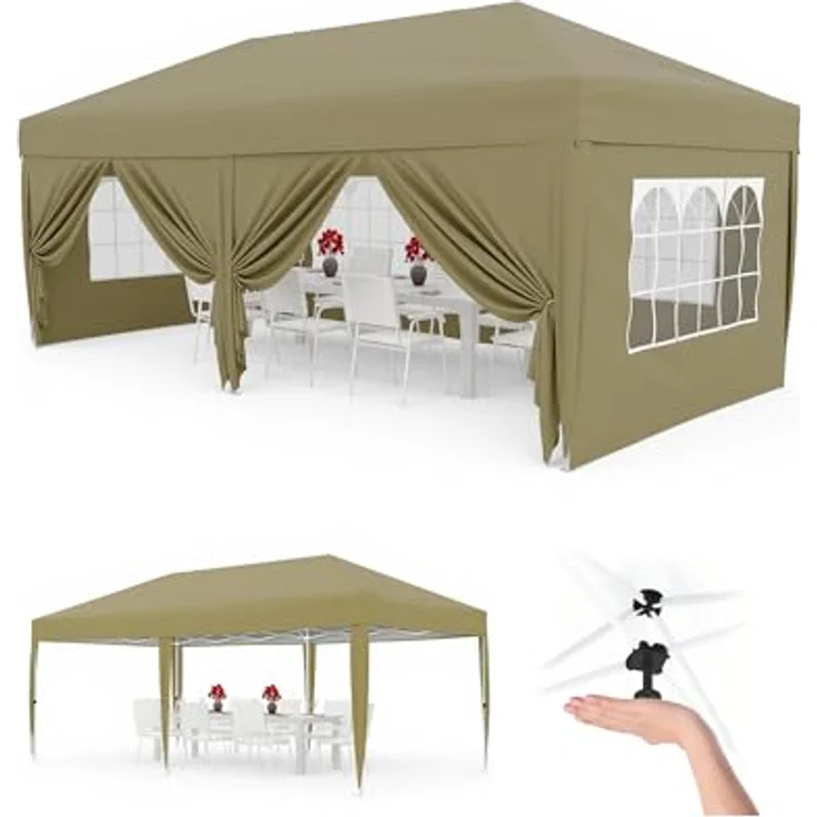 Faltpavillon 3x6 m wasserdicht stabil mit 6 Seitenwänden – Pop up Pavillon faltbar aus 420D Oxford, UV-Schutz 50+, 3-Fach höhenverstellbar, Partyzelt mit Tragetasche für Garten & Outdoor Khaki – Bild 1