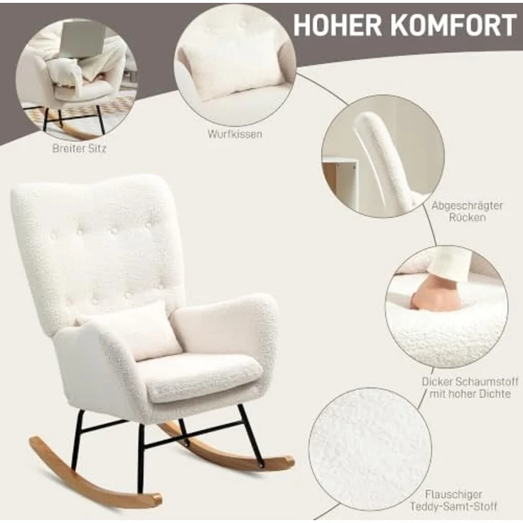 HOMCOM Schaukelstuhl Schaukelsessel mit Armlehne, Teddystoff-Optik (Relaxsessel Schwingsessel, 1 St), für Wohnzimmer, Schlafzimmer, Cremeweiß – Bild 5