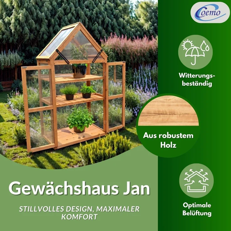 Coemo 'Jan' Gewächshaus mit aufklappbaren Türen und Dach, 65 x 40 x 120 cm – Bild 3