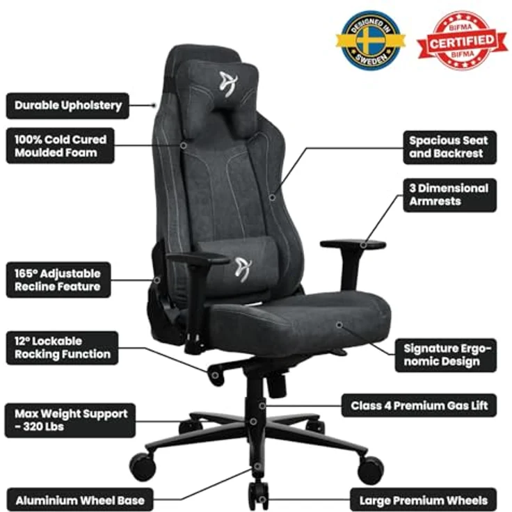 Arozzi Vernazza Gaming Stuhl, Polsterstoff, ergonomische 3D-Armlehnen, dunkelgrau, bis 145 kg belastbar – Bild 4