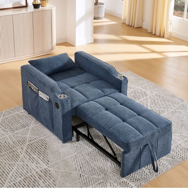 Schlafsessel mit Stoffbezug, USB-Anschluss & Bettfunktion, 190 cm Liegefläche, Navyblau – Bild 2