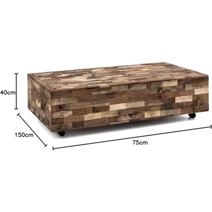 Couchtisch Altholz massivum Kavali 150x75 cm braun recyceltes Holz rustikal mit Rollen Massivholz Sofatisch Wohnzimmer rechteckig – Bild 2
