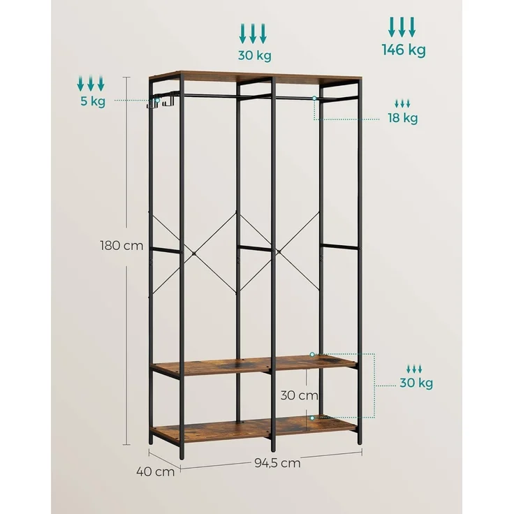 SONGMICS Kleiderschrank offen, Kleiderständer, Garderobenständer, Garderobe mit Kleiderstange, Ablagen, abnehmbare Haken, 40 x 94,5 x 180 cm, vintagebraun RGR004B01 – Bild 5