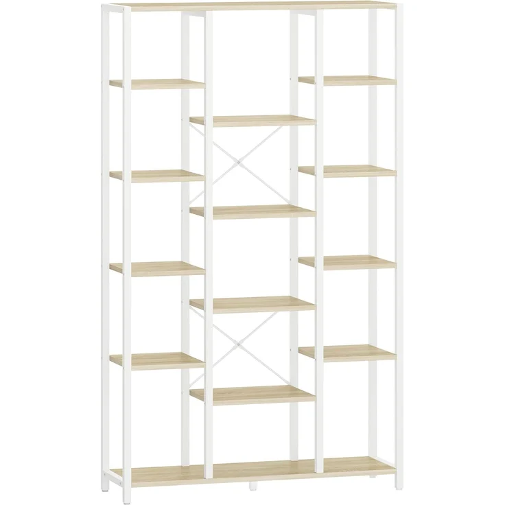 Bücherregal, Standregal mit 6 Ebenen 15 Ablagen, Verstellbare offene Ablagen, für Wohnzimmer, Büro, Schlafzimmer, 30 x 70 x 170cm, Weißeiche und Weiß – Bild 2