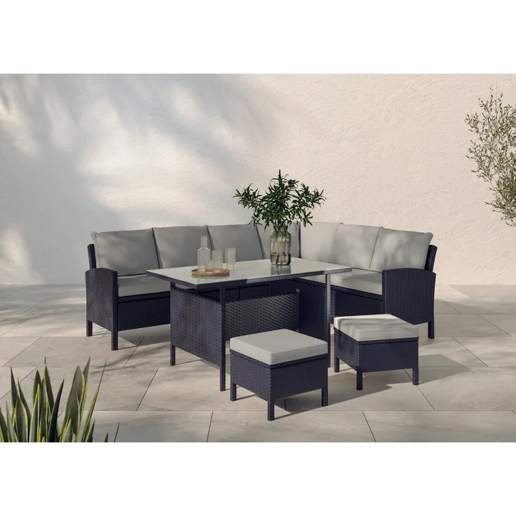 KONIFERA Gartenlounge-Set »Manhattan«, (Set, 18-tlg, Ecklounge, Tisch 66x120x74 cm, 2 Hocker, inkl. Auflagen), Stahl/Polyrattan