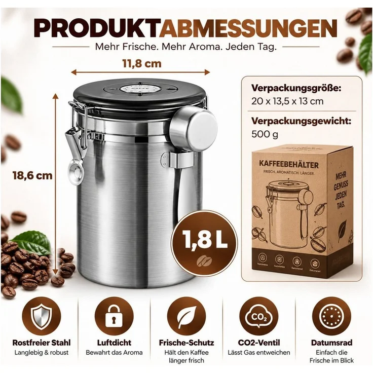 LEMLIT Kaffeedose 1,8 L Kaffeebehälter Edelstahl Luftdicht, Kaffeedose Für Bohnen, 304 Edelstahl, (1er Set, 1-tlg, Produktmaße: 18,6 x 11,8 x 11,8 cm), Mit CO₂-Ventil, Datumsanzeige Und Messlöffel – Bild 2