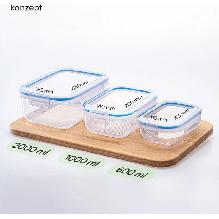 KONZEPT Frischhaltedose mit Deckel 3er Set 600ml/1L/2L,transparent, (3-tlg), BPA-frei, Stapelbar, Für Kühlschrank, Zum Mitnehmen – Bild 3