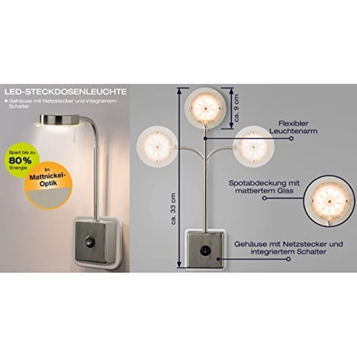 TRANGO LED Steckdosenleuchte, 2605 LED Steckerleuchte, Wandleuchte, Leselampe, Küchenlampe, Nachtlicht in Nickel matt inkl. 5 Watt LED Modul warmweiß 3000K Leuchtmittel, Wandlampe, Küchenlampe – Bild 2