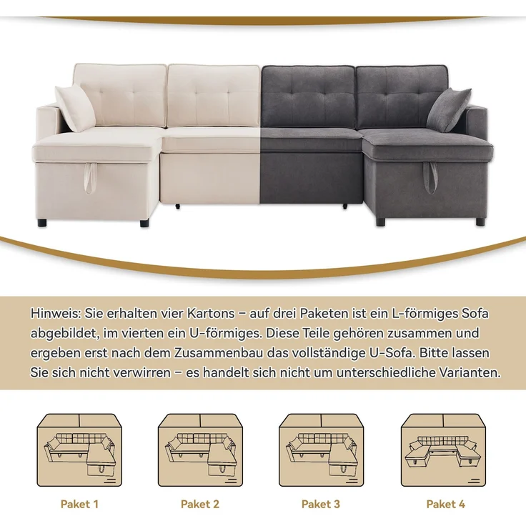 U-förmiges Schlafsofa Baumwoll-Leinen Beige, 270x130x86 cm, mit Stauraum & Getränkehalter – Bild 9