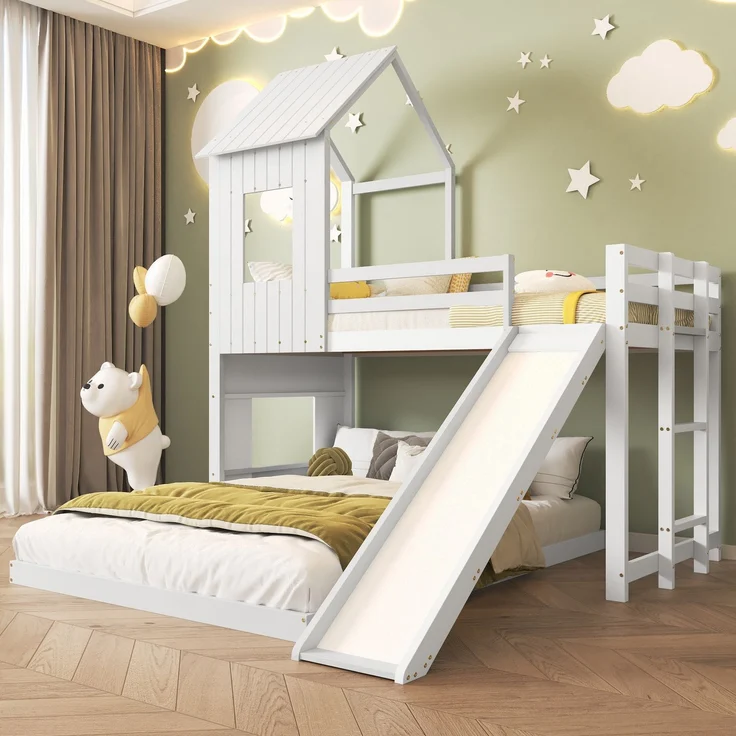 Etagenbett Kinderbett Hausbett mit Rutsche 90×200 & 140×200 cm weißes Kiefer-MDF Hochbett mit Leiter und Spielbereich – Bild 1